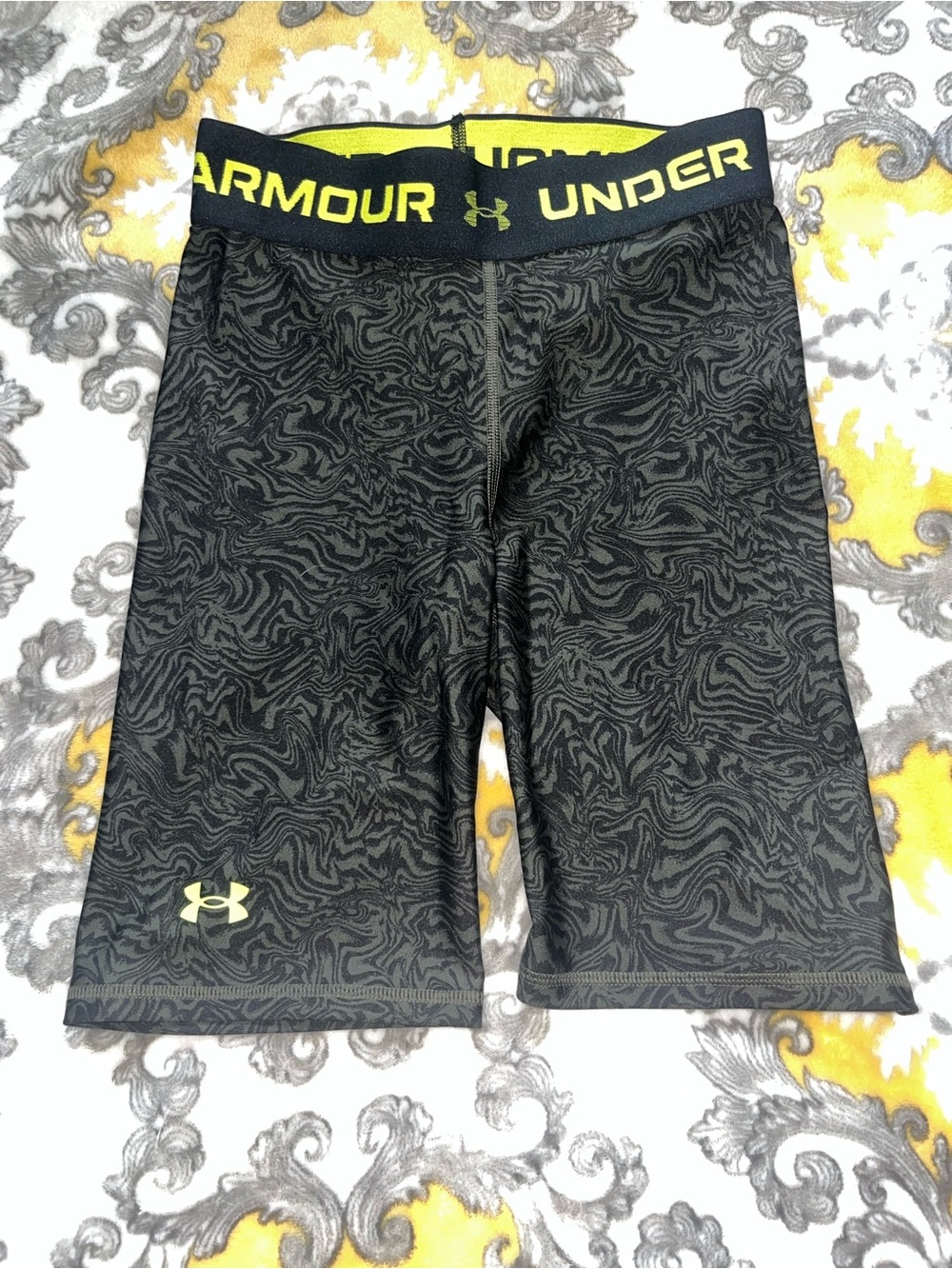 Under Armour Black Marbled Bike Shorts with Yellow Logo Waistband